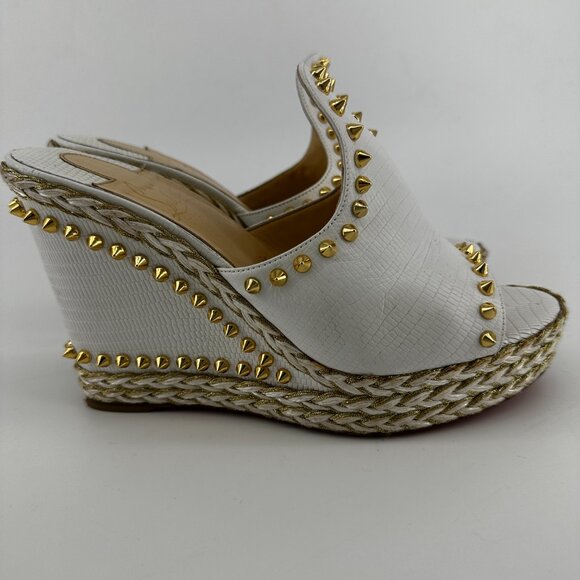 Louboutin White Leather Spike Wedge Mules = Size 40 - Picture 8 of 9